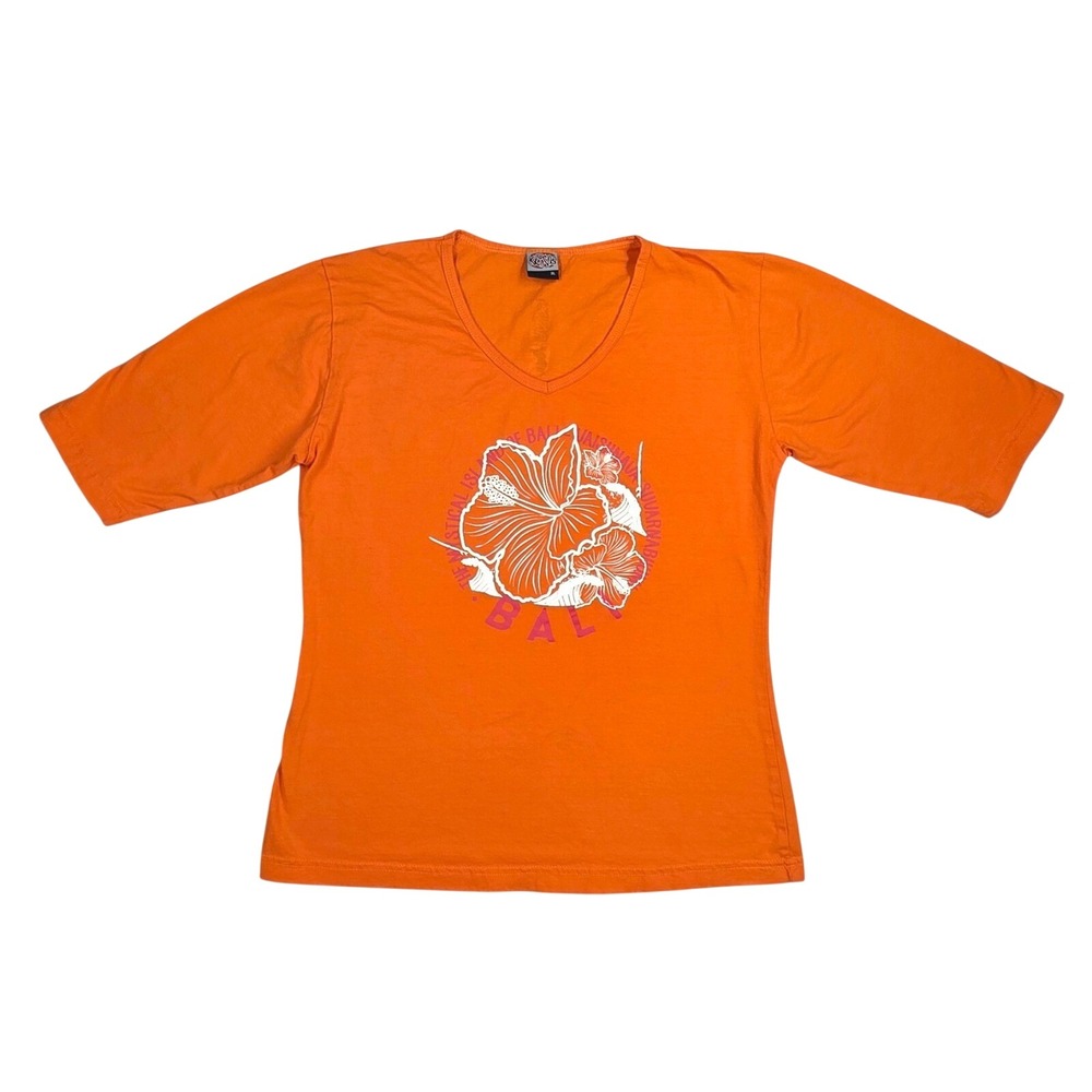 Krisna Bali Women Orange Hibiscus Graphic V-Neck 3/4 Sleeve Tee Shirt XL